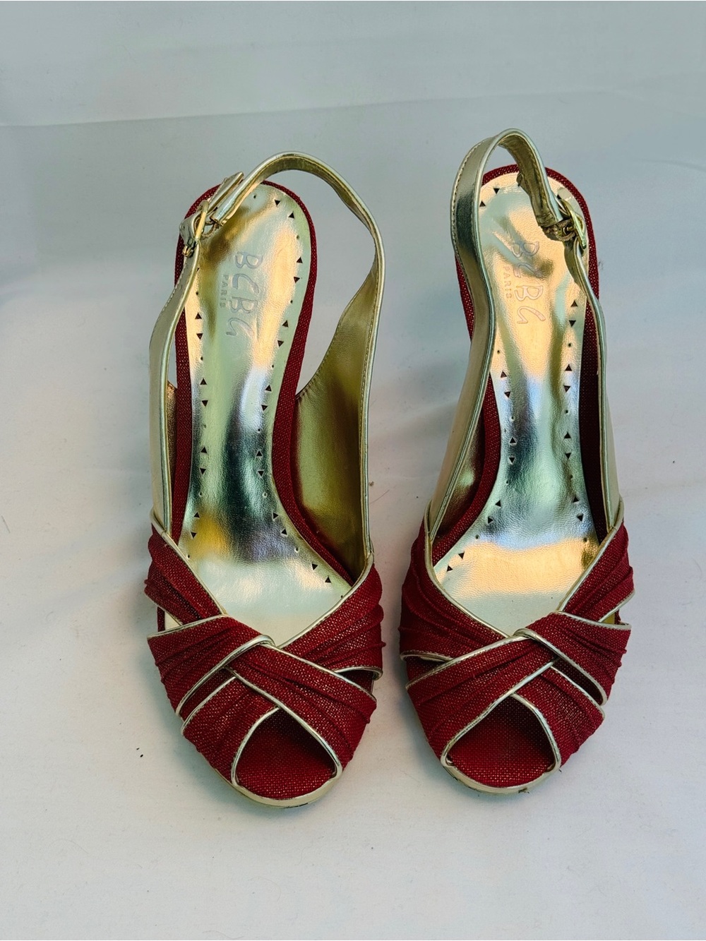 BCBG Red and Gold Slingback Peep-Toe Heels